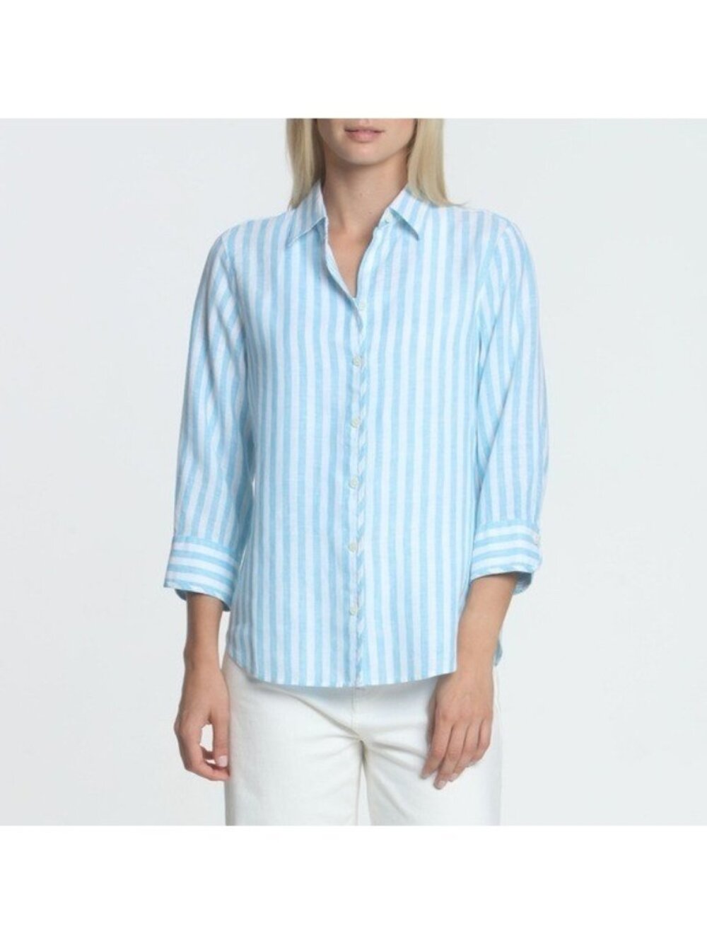 NWT Hinson Wu “Iris” Striped Linen Button Down Shirt in Aqua and White Sz 16